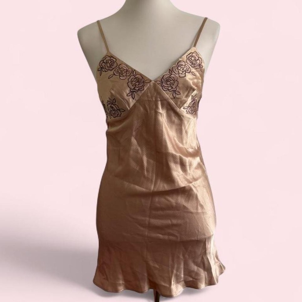 Sensara Gold Satin Slip Dress Rose Embroidery Spaghetti Strap Size S